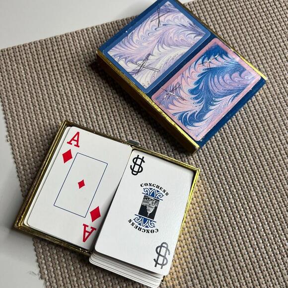 Vintage Congress Playing Cards Set of 2 Decks Marble Swirl Design Blue Pink Gold - Picture 2 of 2